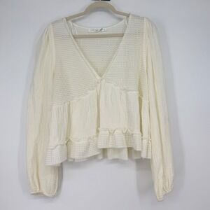 Altar'd State Cream Textured Peplum Blouse XL Boho Long Sleeve Cottage Boho